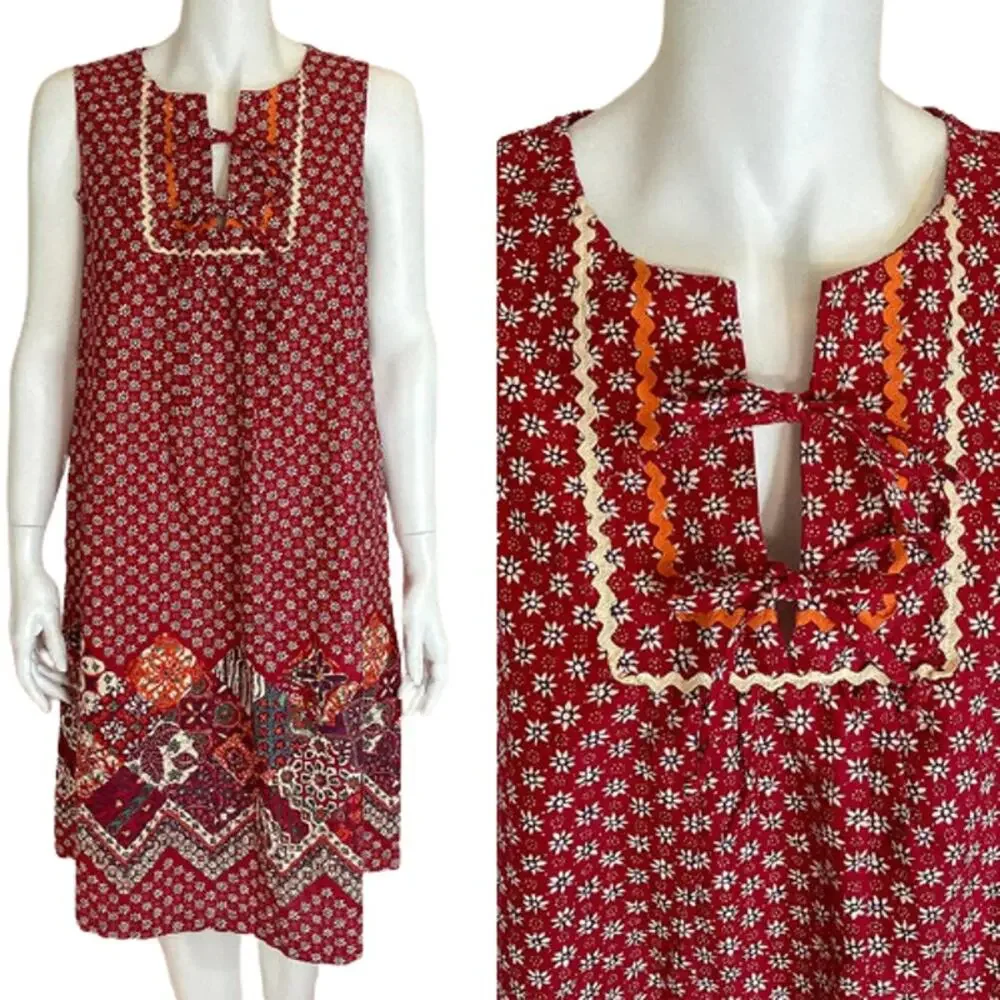 VINTAGE 1960's Bohemian Red Patchwork Ric Rac Dress SMALL - Picture 3 of 16